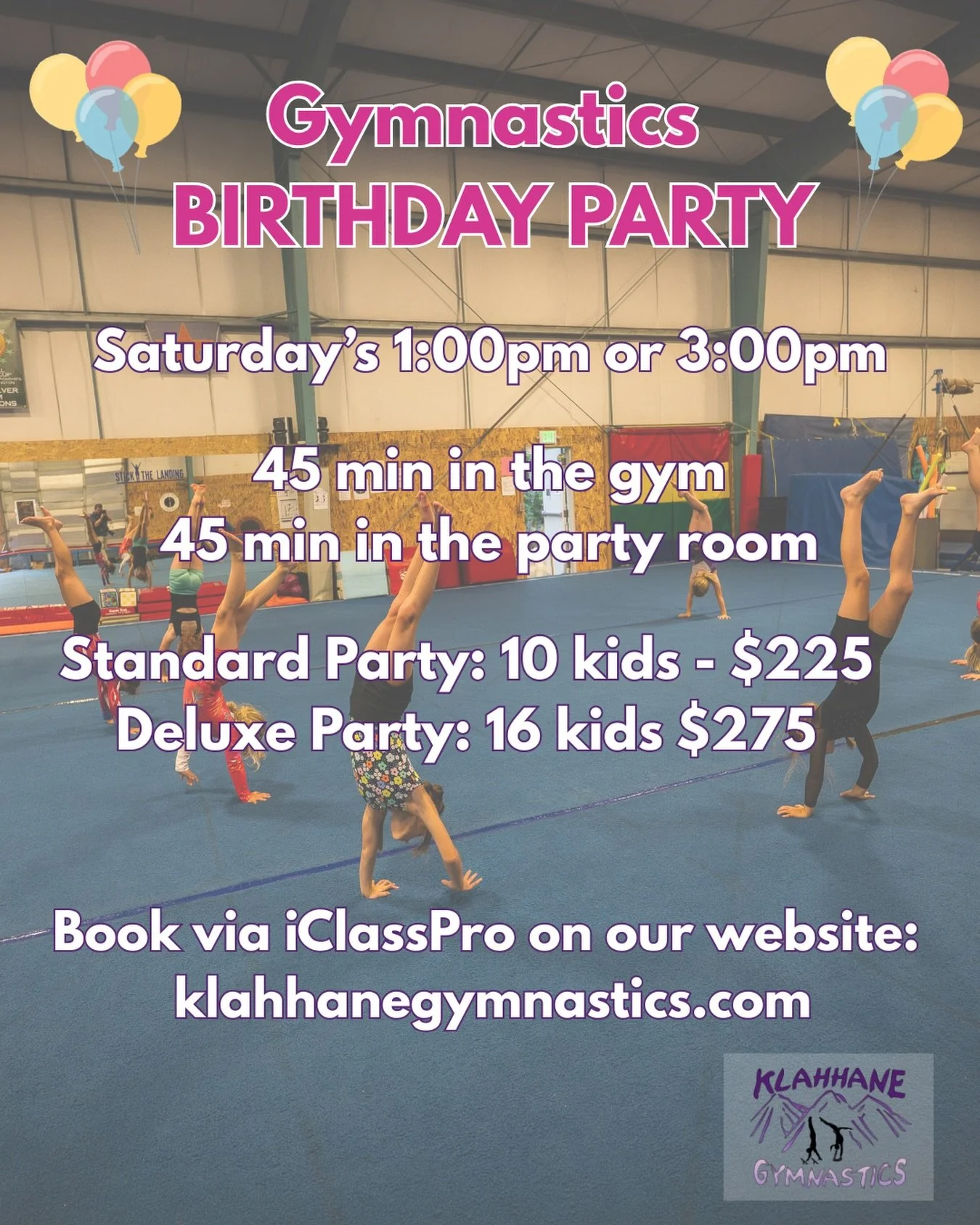 Looking for the perfect Winter birthday party?! 🥳

Celebrate with 45 minutes of fun in the gym (obstacle courses, trampolines, bars &amp; more!) and 45 minutes in our party space for cake, snacks, and gifts. 🎈

💲Pricing:
&bull; Standard Party (10 
