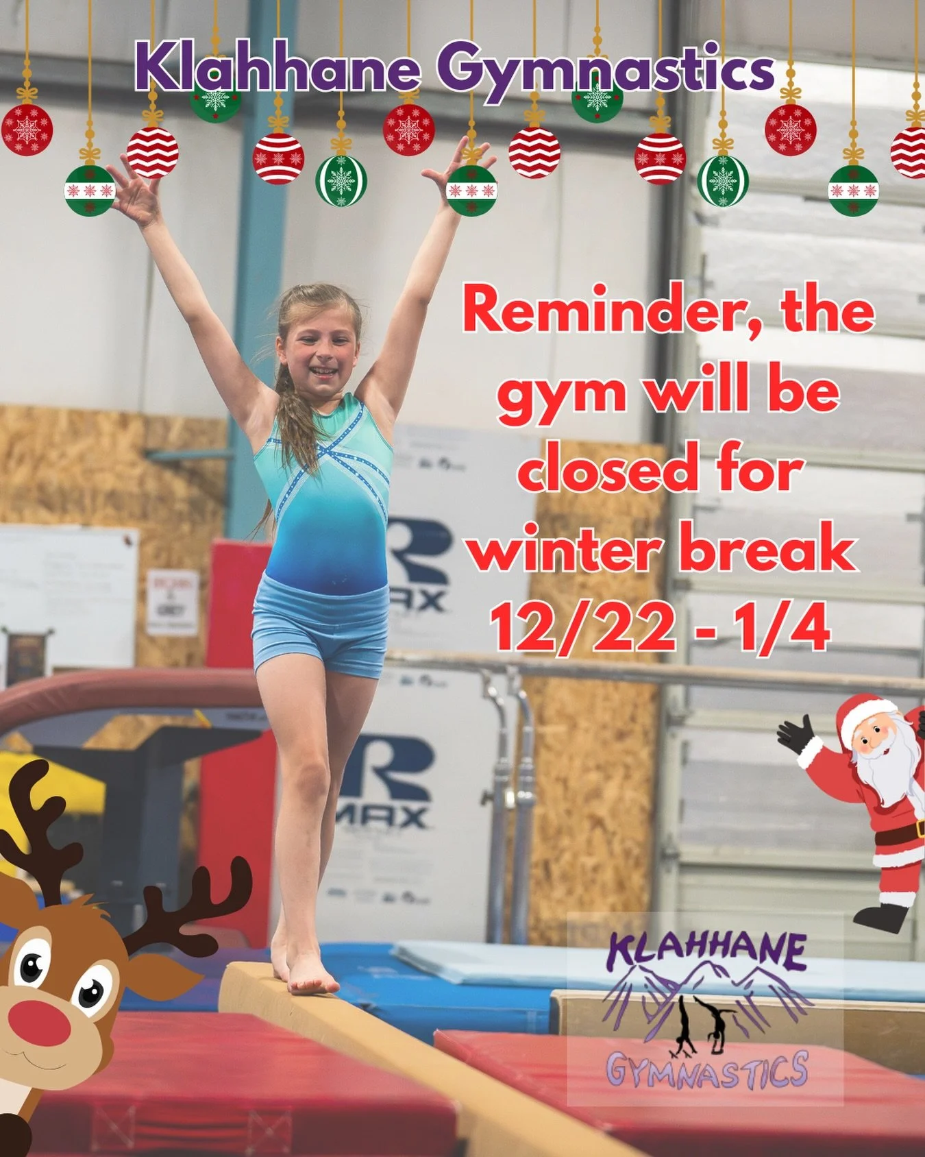 ❄️ Winter Break Reminder ❄️

Klahhane Gymnastics will be closed for winter break from December 22 through January 4.

We hope our athletes and families enjoy a restful, joyful holiday season, and we can&rsquo;t wait to welcome everyone back in the ne