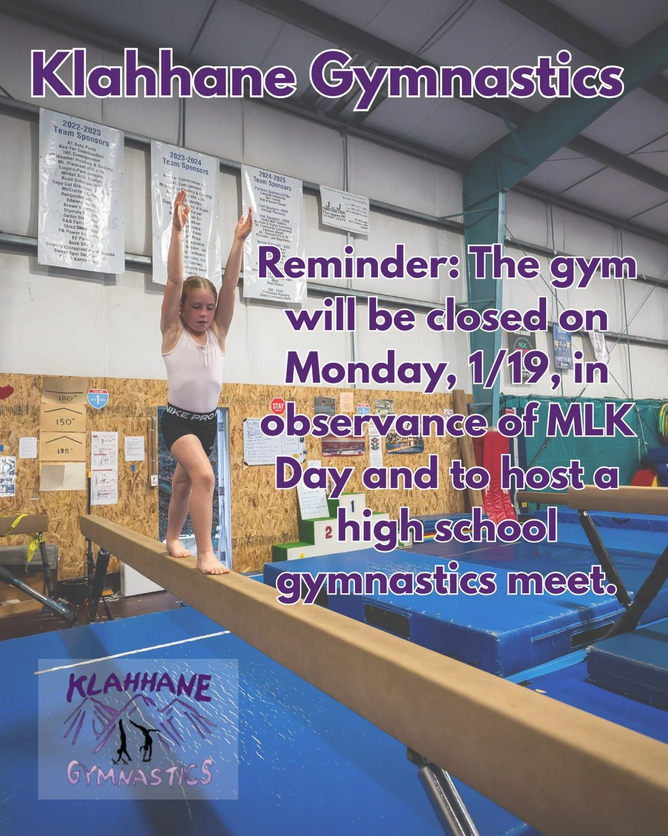 Gym is closed for classes today &mdash; but open for competition!
Join us to watch the high school meet starting at 10:45 AM 💚💜