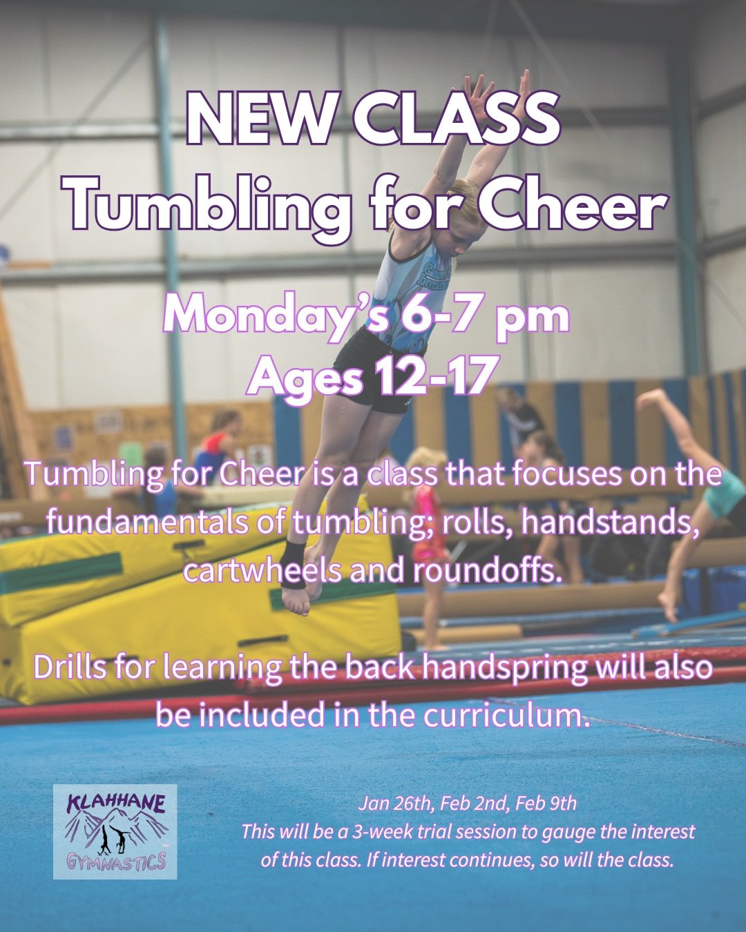NEW CLASS 🤸&zwj;♀️📣 Tumbling for Cheer is here!

Designed for athletes ages 12&ndash;17, this class focuses on building strong tumbling fundamentals for cheer &mdash; including rolls, handstands, cartwheels, round-offs, and drills for back handspri