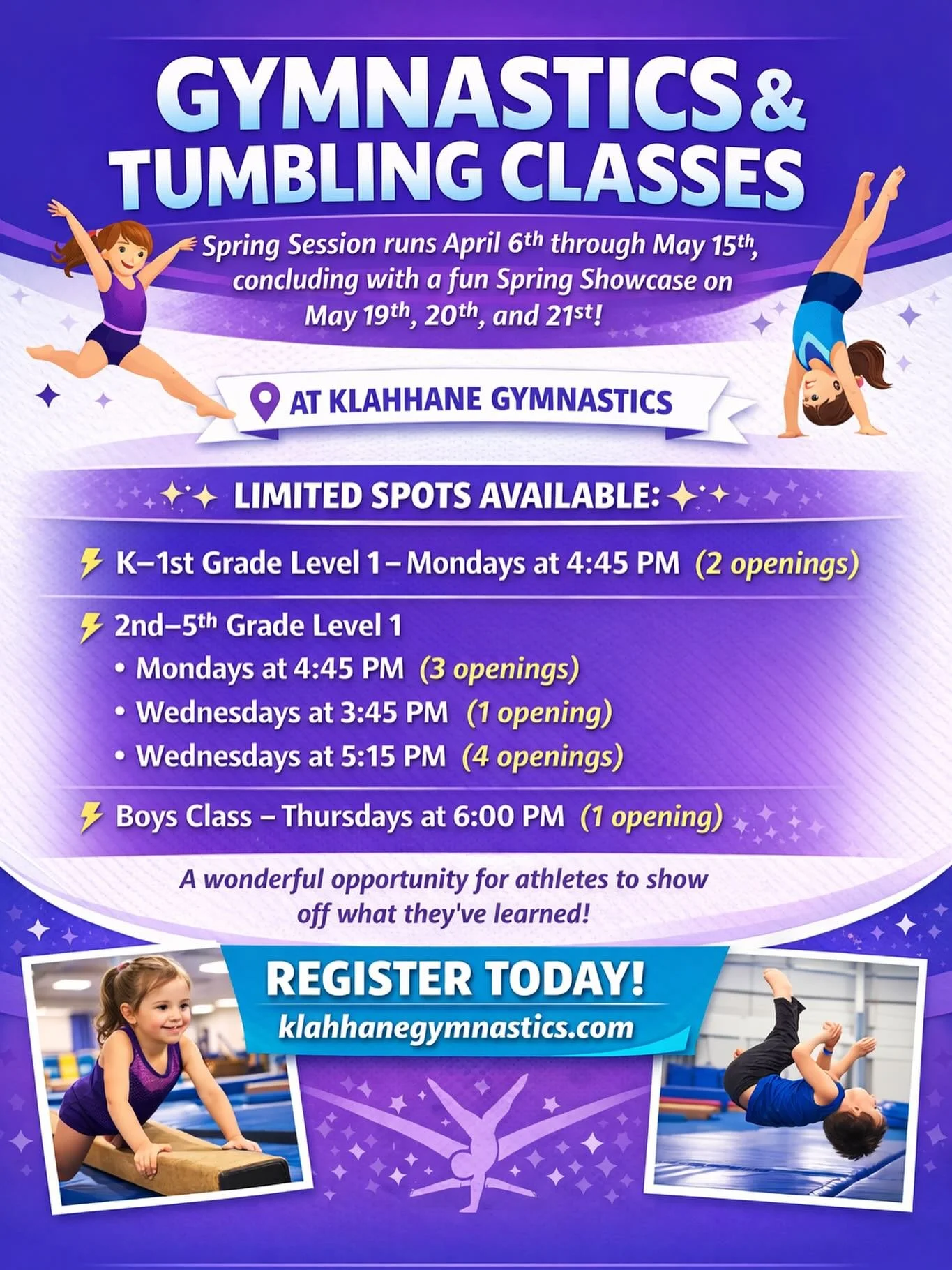 🌸 Spring Into Gymnastics at Klahhane Gymnastics! 🤸&zwj;♀️

Do you have a child who&rsquo;s ready to jump, tumble, and have fun this spring? At Klahhane Gymnastics our Spring Session runs from April 6th through May 15th, and it concludes with a fun 