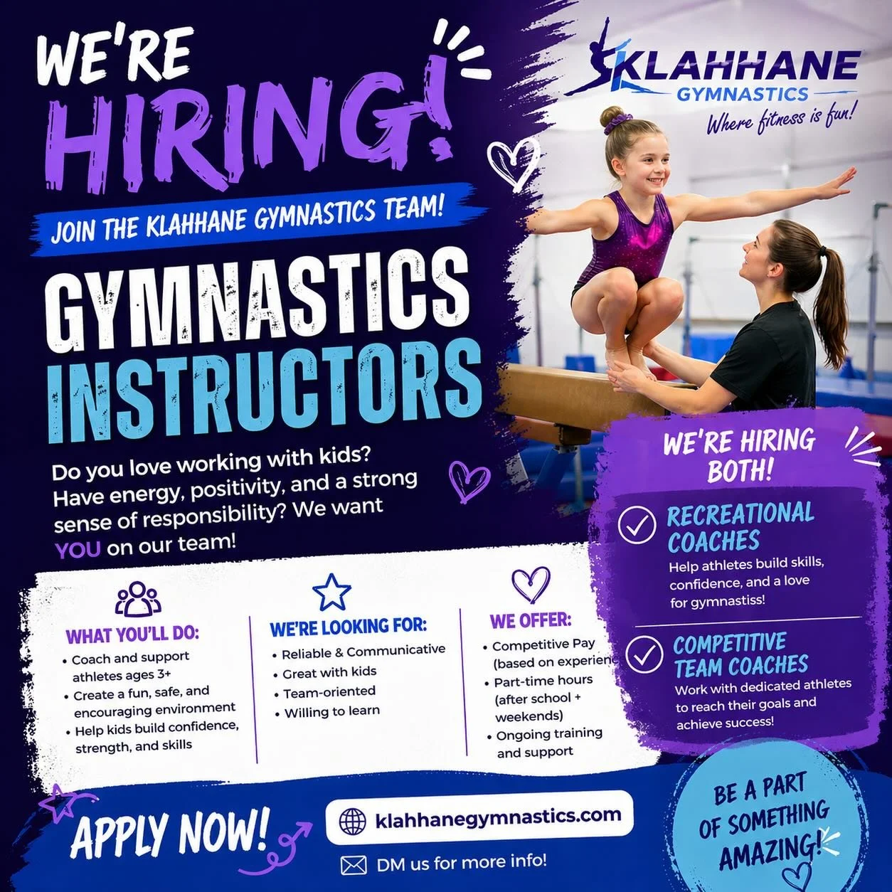 💜💙 WE&rsquo;RE HIRING 💙💜
Join the team at Klahhane Gymnastics

✨ Now hiring: Gymnastics Instructors for our Rec and Competitive Team Programs
📍 Port Angeles, WA

Do you love working with kids?
Have energy, positivity, and a strong sense of respo