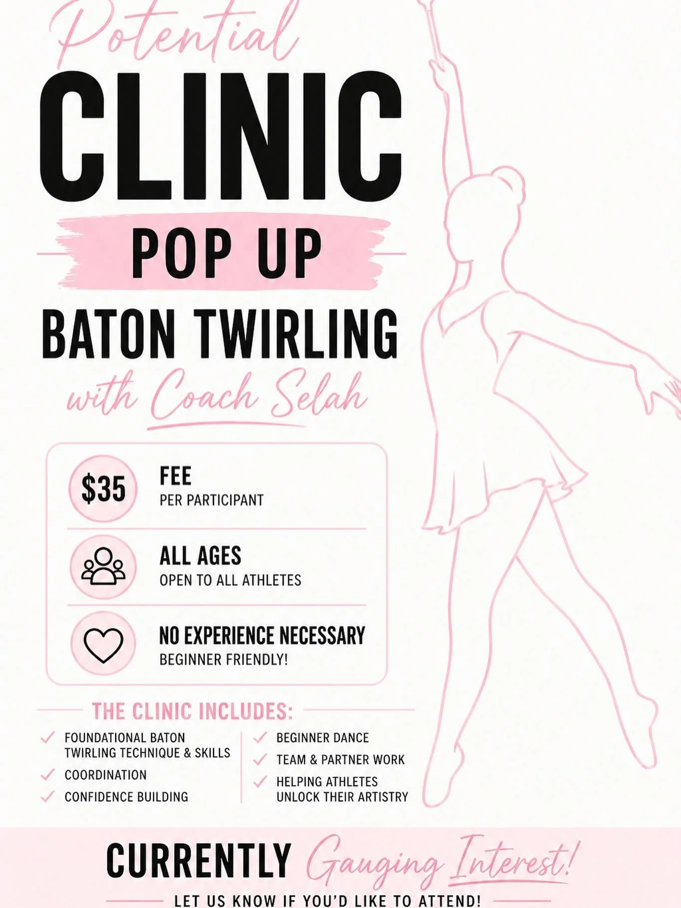 ✨ NEW CLASS IDEA ✨
We&rsquo;re thinking about adding a Baton Twirling Clinic to our schedule&mdash;and we want YOUR input!
🌟Coach Selah is a state, regional, national AND international competitor, and her goals in offering this beginner-friendly cli