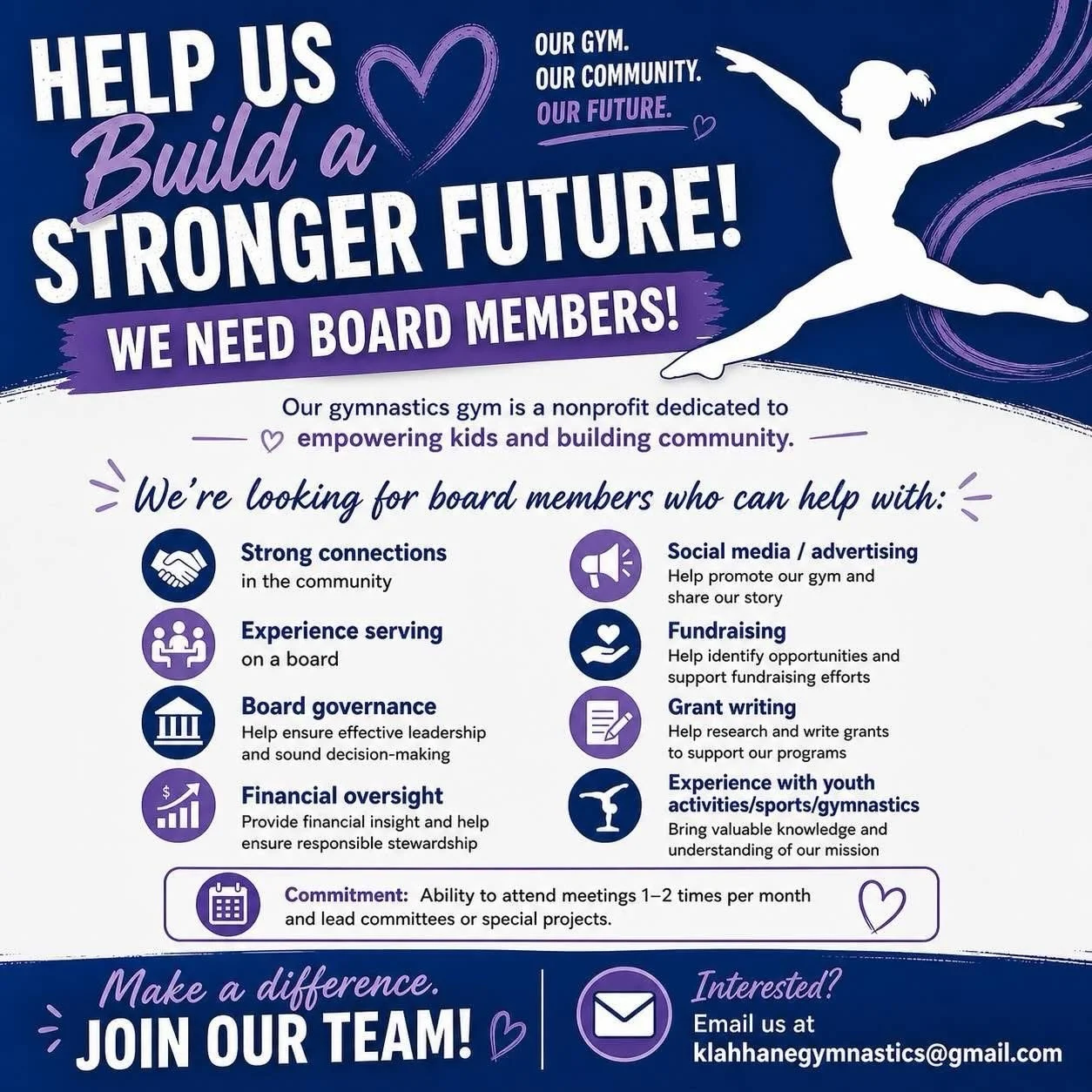 Our nonprofit gymnastics gym is looking for dedicated, community-driven BOARD MEMBERS who want to help shape something truly special. This is your chance to make a real impact on kids&rsquo; lives while helping build a strong, thriving program right 