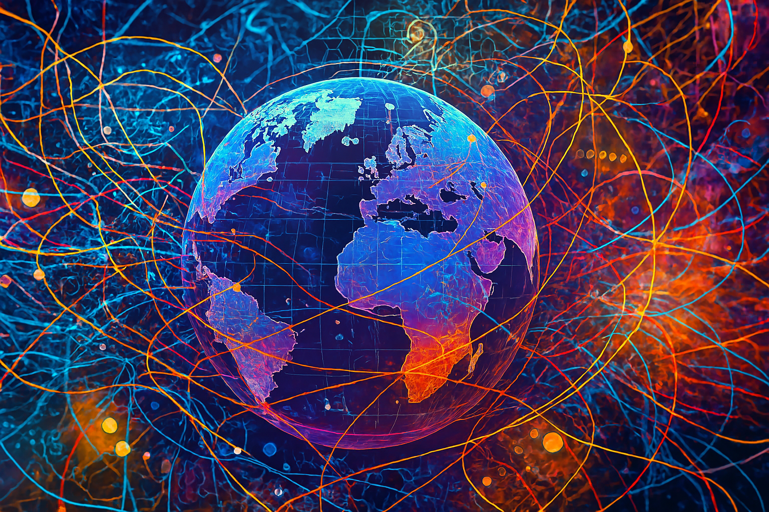 Digital illustration of the Earth surrounded by colorful lines representing global connectivity and data networks.