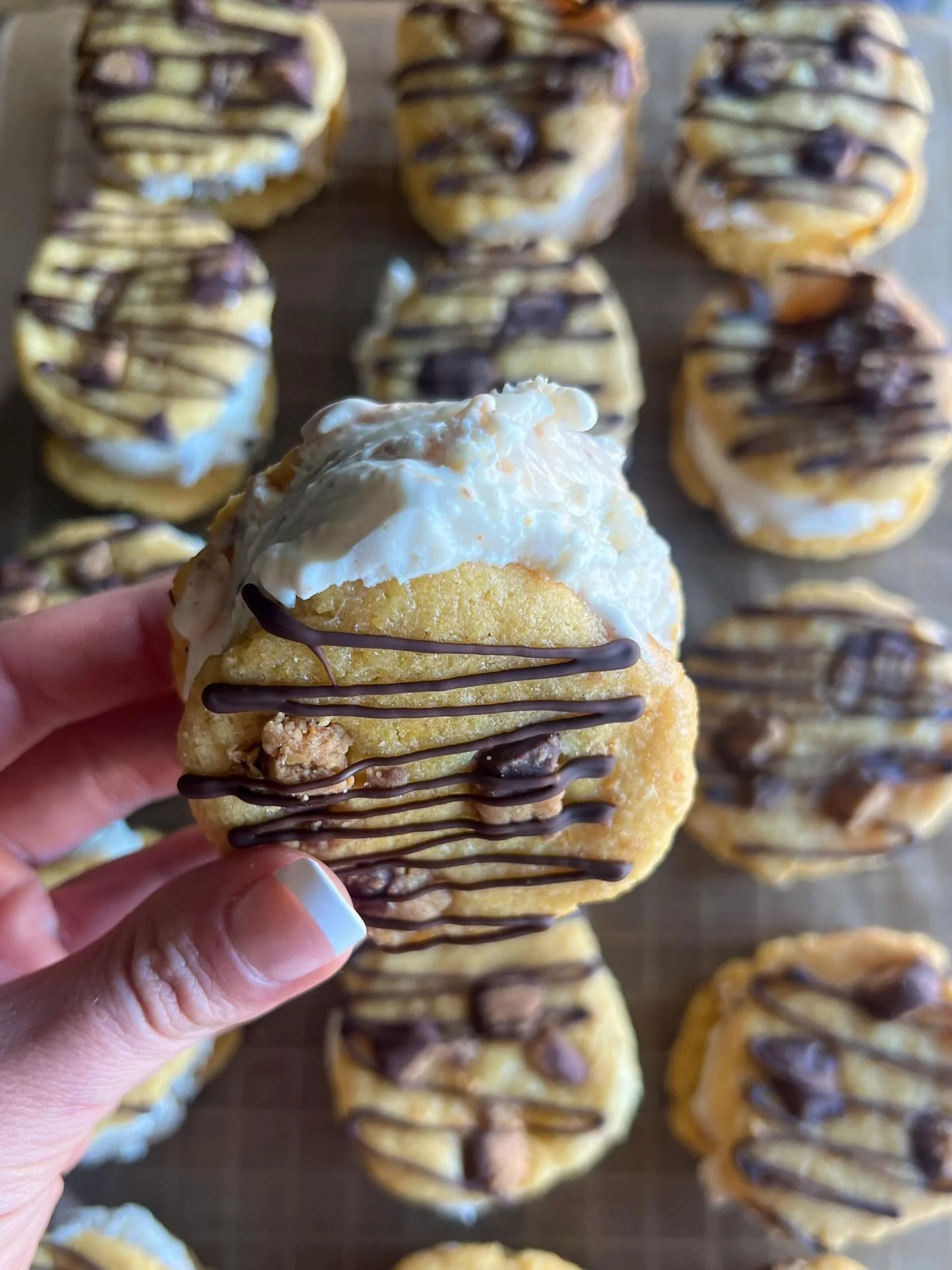 &bull;REESE&rsquo;S PB EGGS&bull; 🥜🧈🍫

Peanut butter sugar cookies with chunks of Reese&rsquo;s eggs + creamy peanut butter ice cream 

#funkyfrostwich #reeseseggs #eastercookies #easterbasketideas #easterbaking
