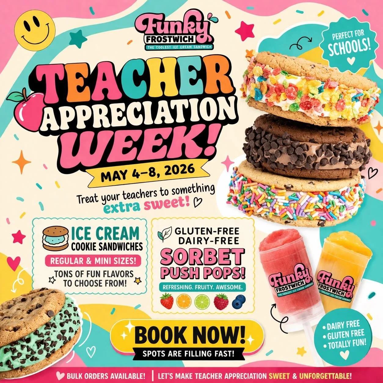 Teacher Appreciation Week is a month away! May 4&ndash;8 and we&rsquo;re bringing the FUN with:
✏️ Ice cream cookie sandwiches (regular + minis!)
✂️ Lots of flavors to choose from
📚 Gluten-free / dairy-free sorbet push pops option 
🖍️ Cooler rental