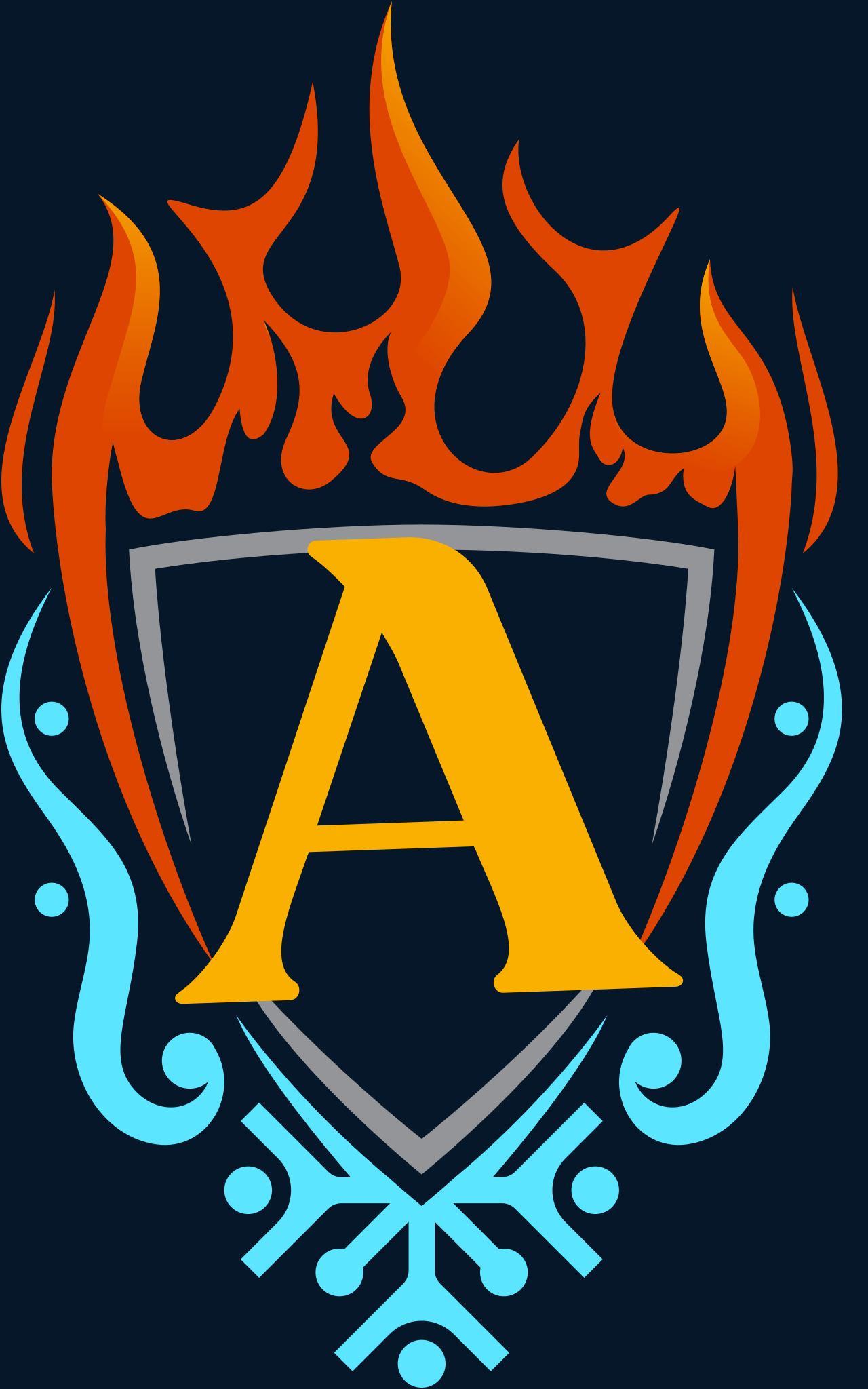 A shield with a large yellow letter 'A' at the center. The shield is surrounded by stylized orange flames at the top and blue decorative elements at the bottom.