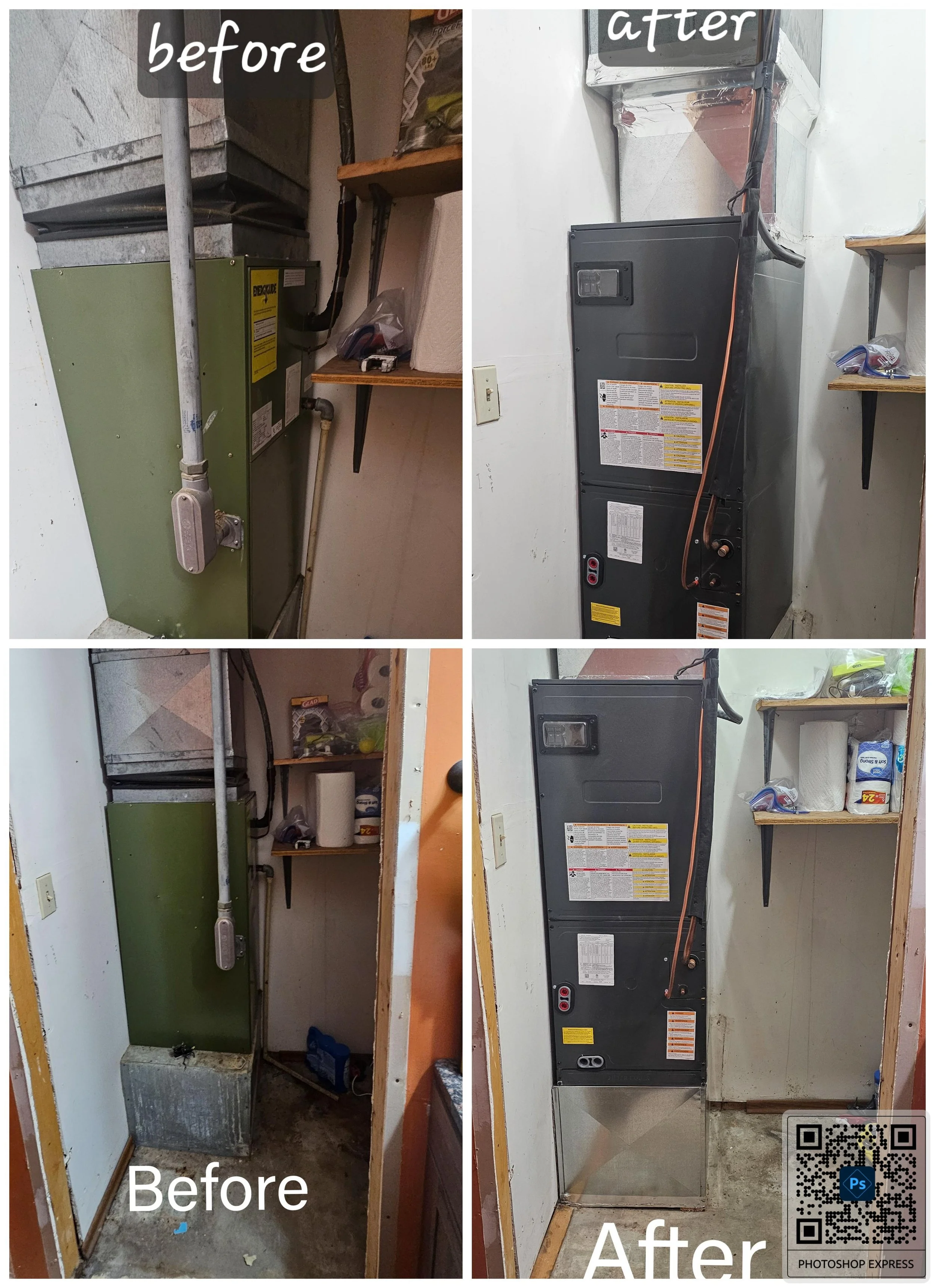 Comparison images showing a room before and after remodeling with HVAC units installed. The 'before' photos display clutter, stained walls, and an older HVAC unit, while the 'after' photos feature a clean, organized space with a new HVAC system and improved walls.