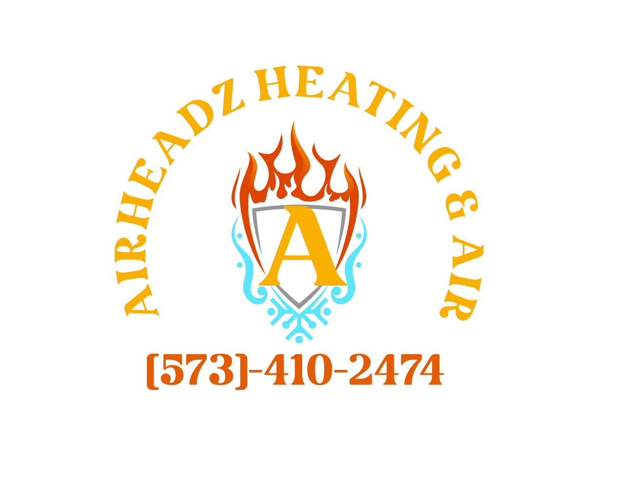 Logo for Artboard Heating & Air includes a shield with a large yellow letter A, flames above, and decorative blue elements, with the business phone number [573]-410-2474 in orange.