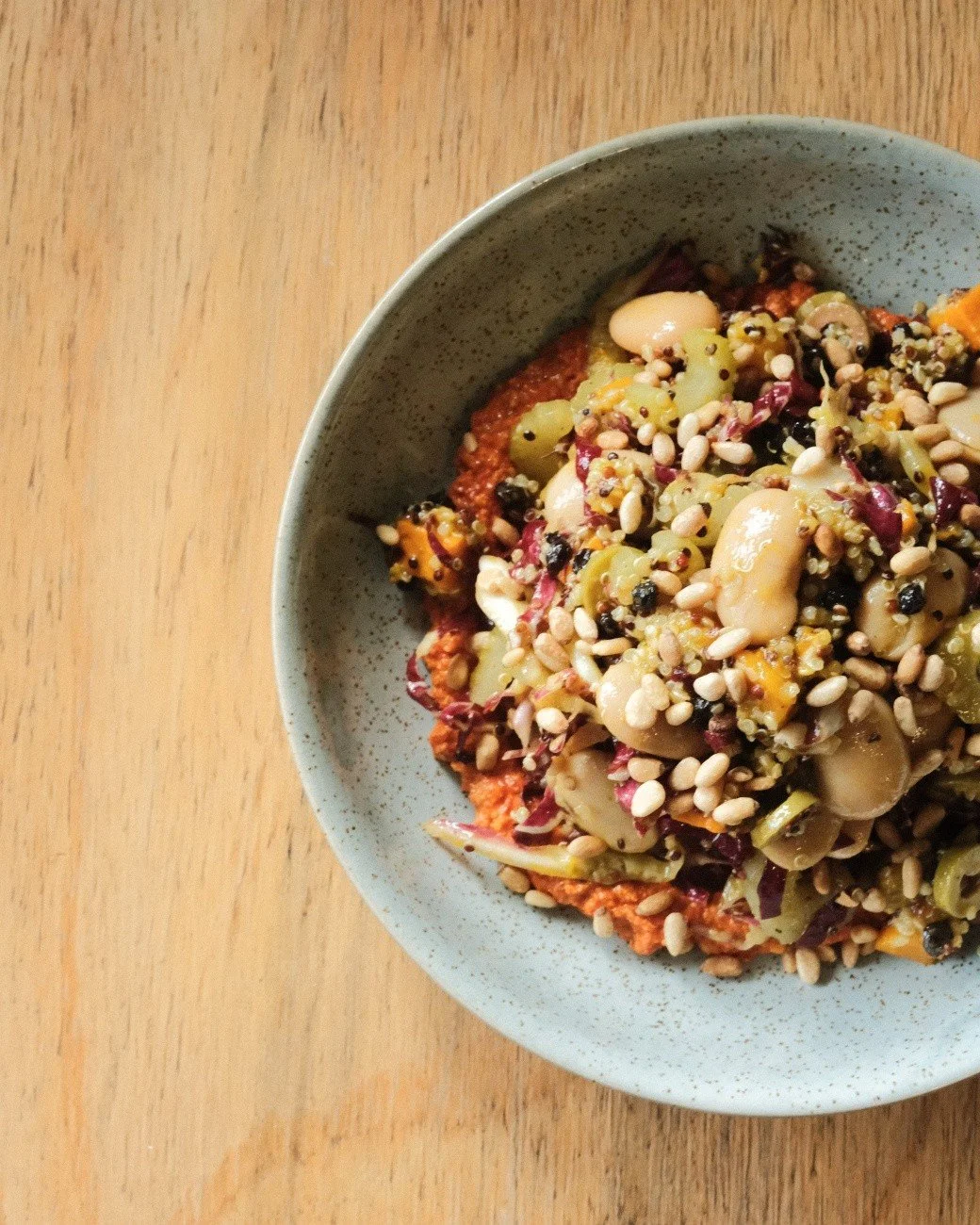 You don't make friends with salad. They're made to be eaten. And trust us, you want to eat this one.

quinoa, butter bean &amp; romesco salad w/ pumpkin, raddichio, pickled celery, orange, green olives, currants, pine nuts &amp; chimichurri vinaigret