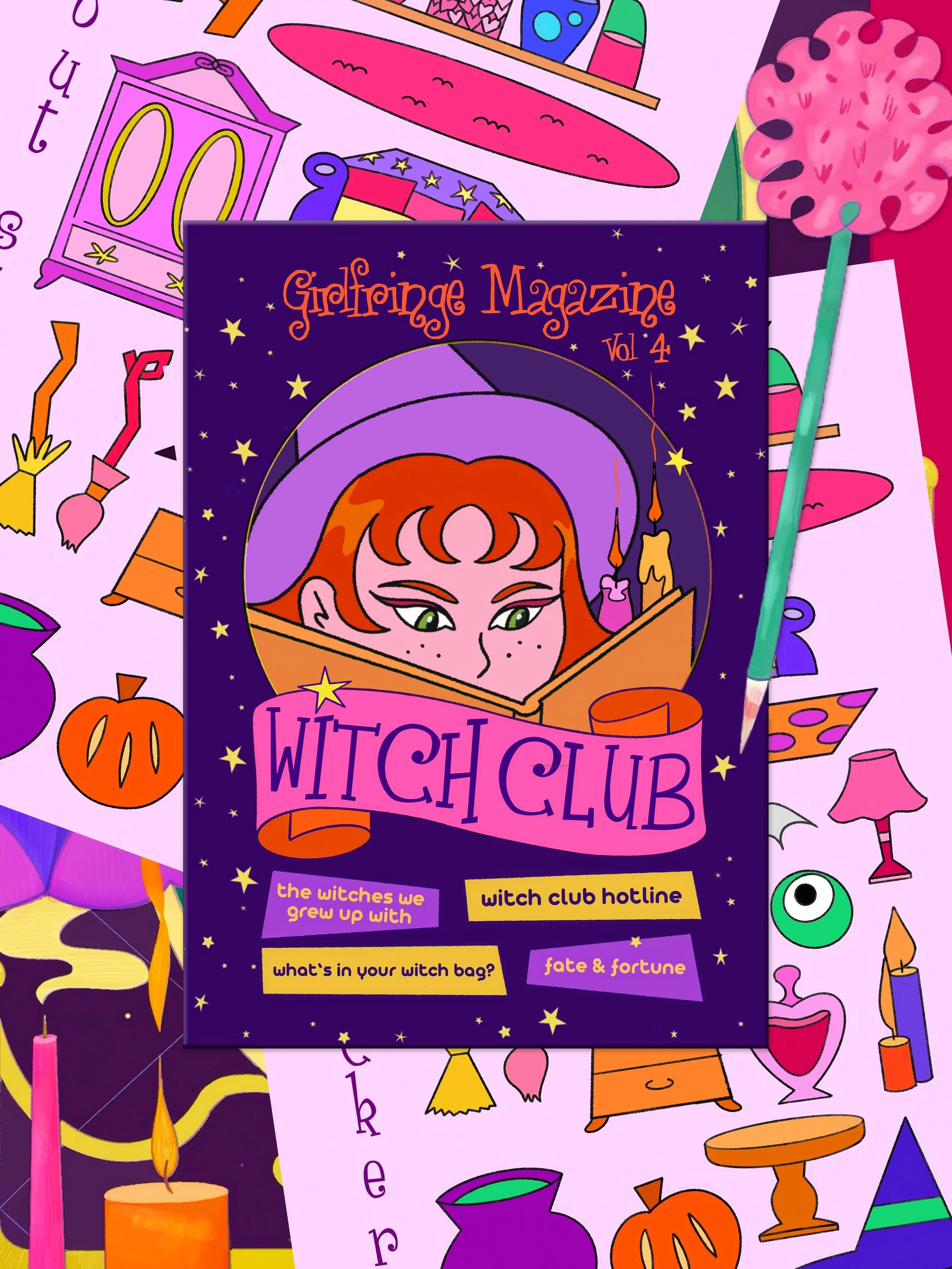 I present you Girlfringe Magazine Vol 4: Witch Club! for all the girls who grew up wishing they could live inside their favorite witchy Halloween movies 🔮💖 Inside you&rsquo;ll find interactive pages to personalize, decorate your dollhouse using cut