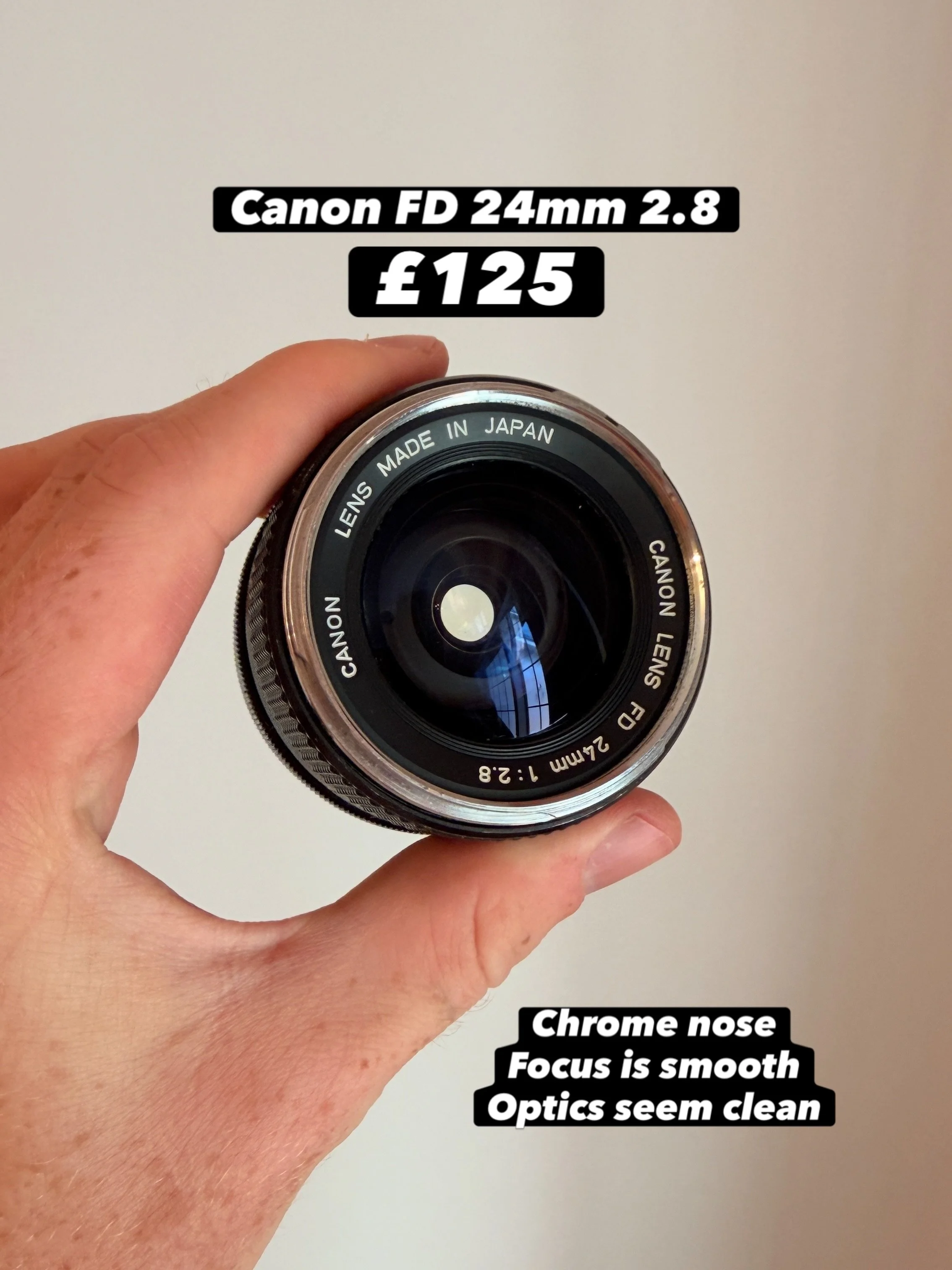 Canon FD 24mm 2.8 for sale 
Chrome nose with decent optical condition, smooth focus

&pound;125