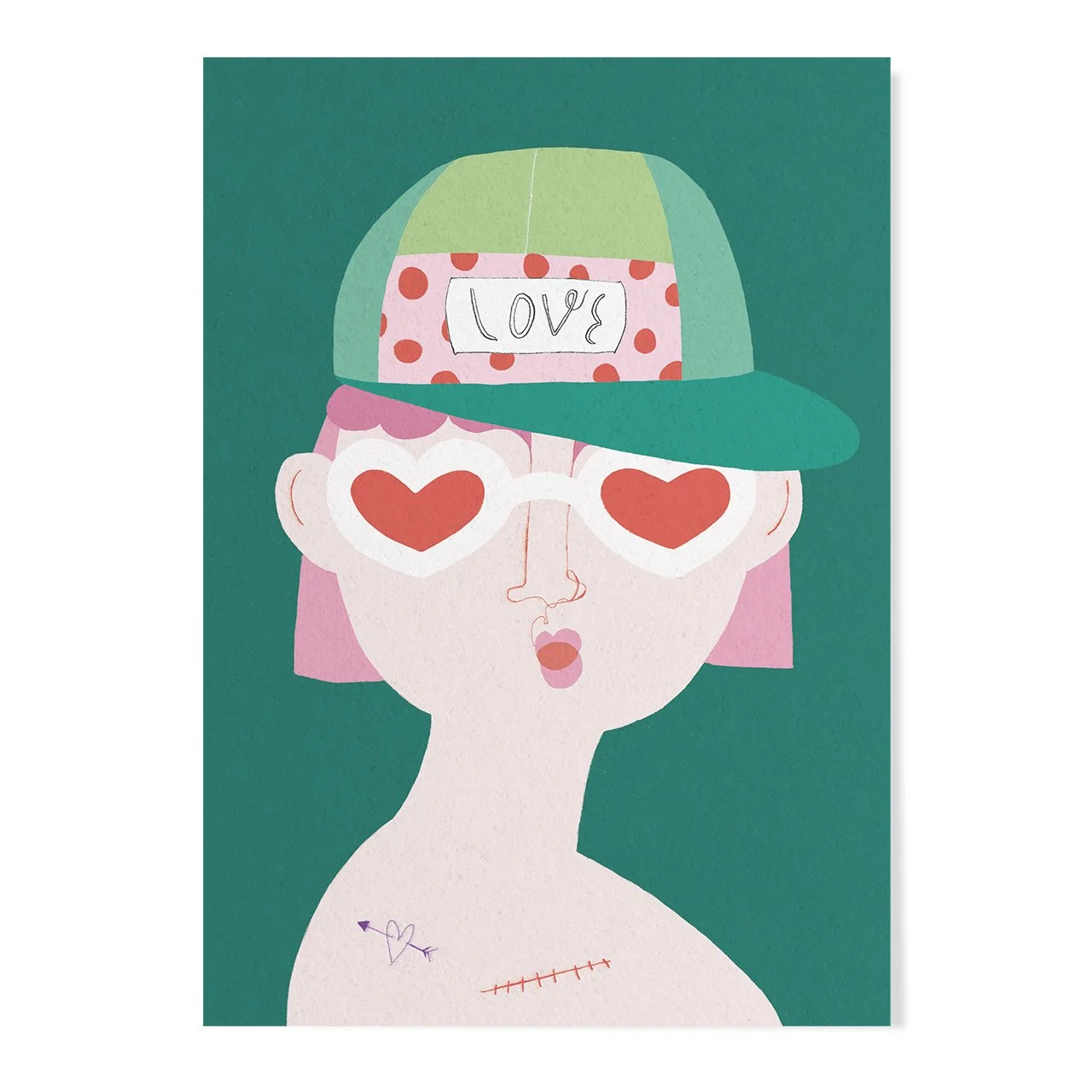 Grüne POstkarte LOVE. Mit einer Frau mit rosa Haaren, einem Cap auf dem LOVE steht und einer Herzförmigen Sonnenbrille. Von Franziska Uhlig Illustration.