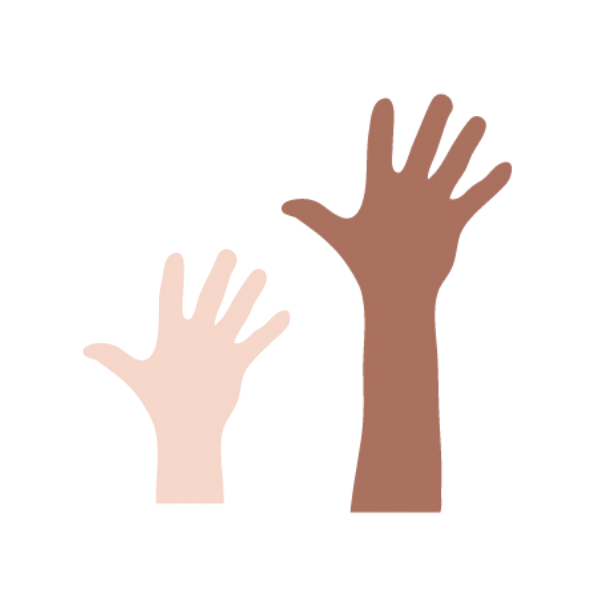 Illustration of two hands raised, one small and light-skinned, the other larger and dark-skinned, against a white background.