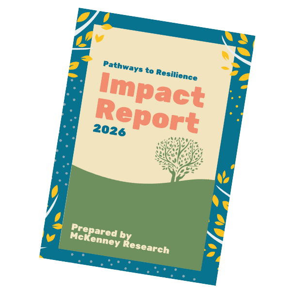 Cover of Impact Report 2026 titled 'Pathways to Resilience,' prepared by McKenney Research, featuring a stylized tree on a grassy hill with colorful decorative border.