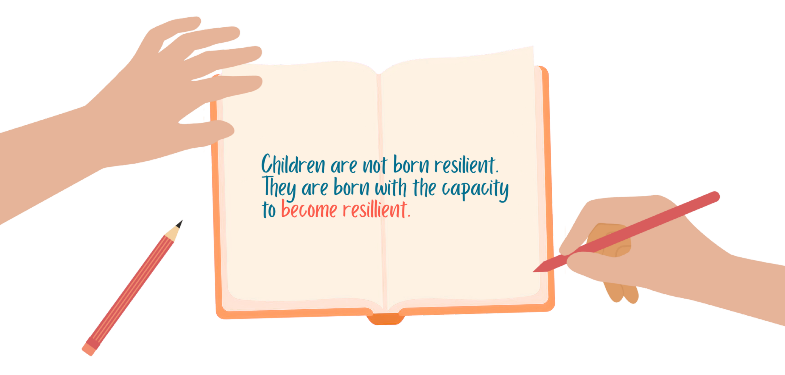 An open book with a quote saying, 'Children are not born resilient. They are born with the capacity to become resilient.' A person is holding the book with one hand and writing in it with a pink pencil in the other hand.