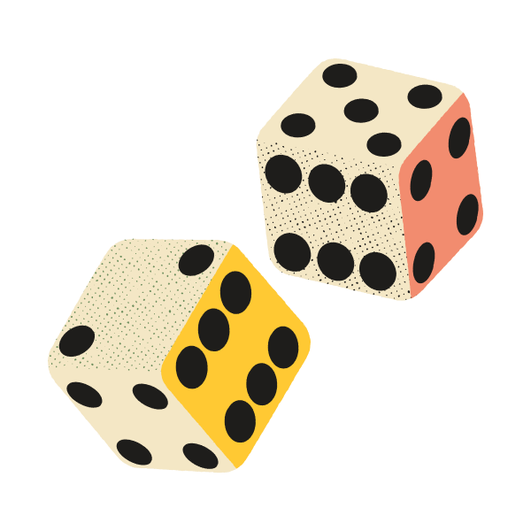 Two illustrated six-sided dice, one with a white and yellow side and the other with a white and pink side, displaying various black pips.