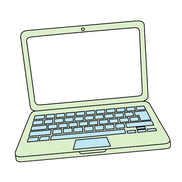 Illustration of a light green laptop with a blank white screen and a blue keyboard on a black background.