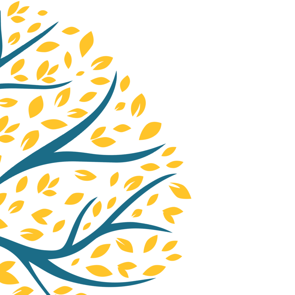 Stylized tree with blue branches and yellow leaves on a black background.