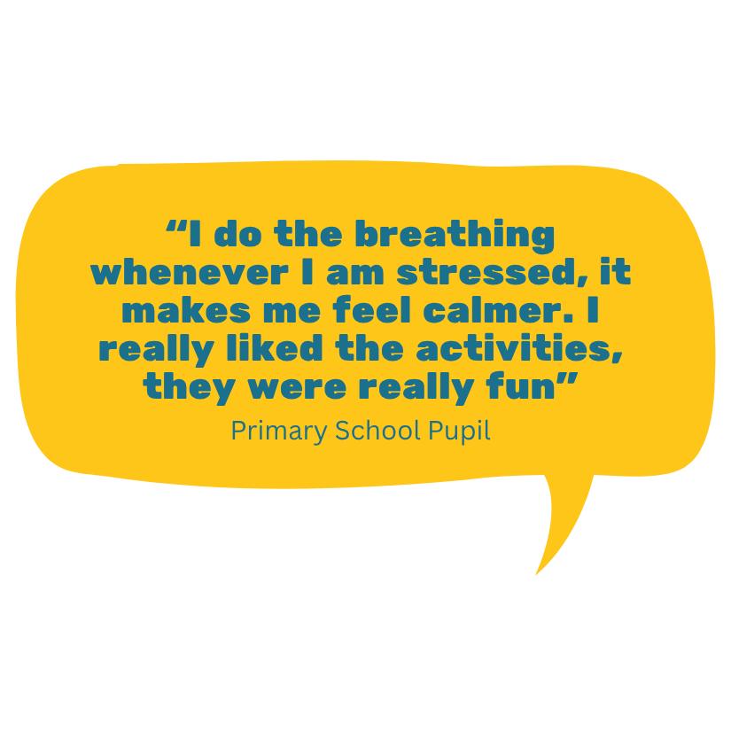 Speech bubble with quote from a primary school pupil about using breathing to feel calmer during stressful times.
