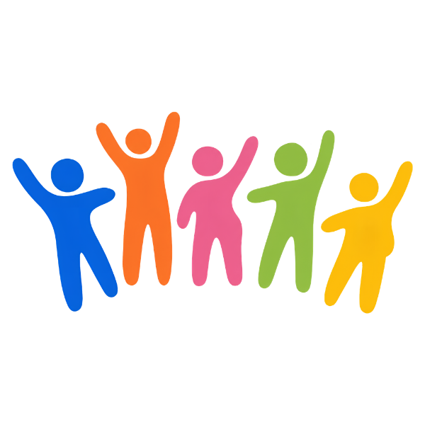 Five colorful cartoon human figures with raised arms, in blue, orange, pink, green, and yellow, standing side by side.