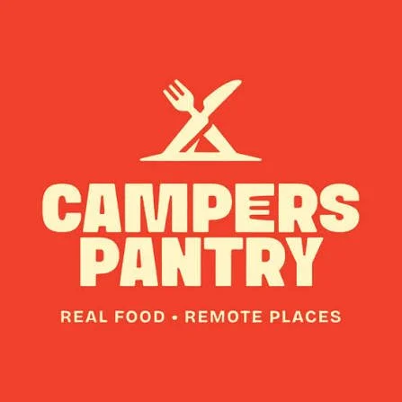 Logo for Campers Pantry with a fork and knife crossed above the name, and the tagline "Real Food, Remote Places" below.