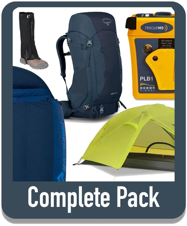A complete camping gear pack consisting of a pair of boots, a backpack, a blue sleeping bag, a yellow tent, and a GPS device.