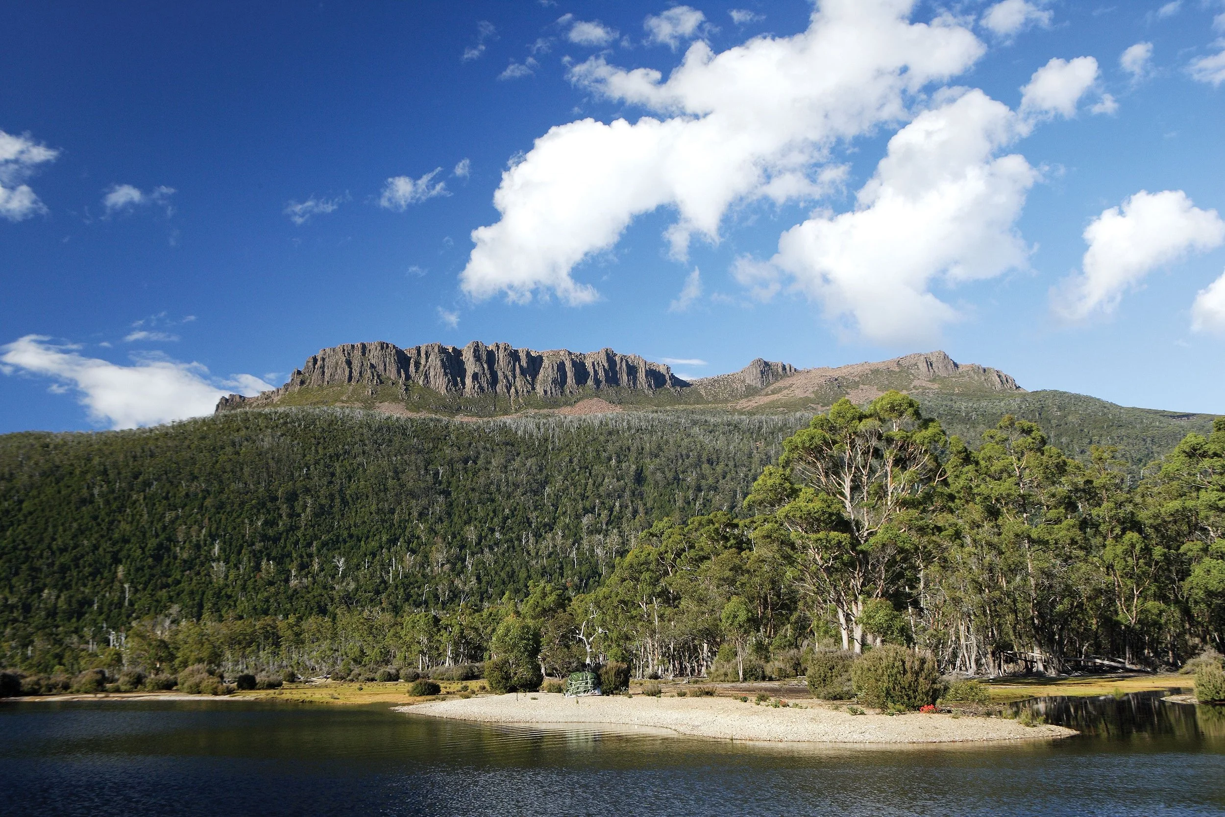 A landscape showing a body of water in the foreground, a dense forest of green trees behind it, a rocky mountain range in the background, and a partly cloudy blue sky overhead.