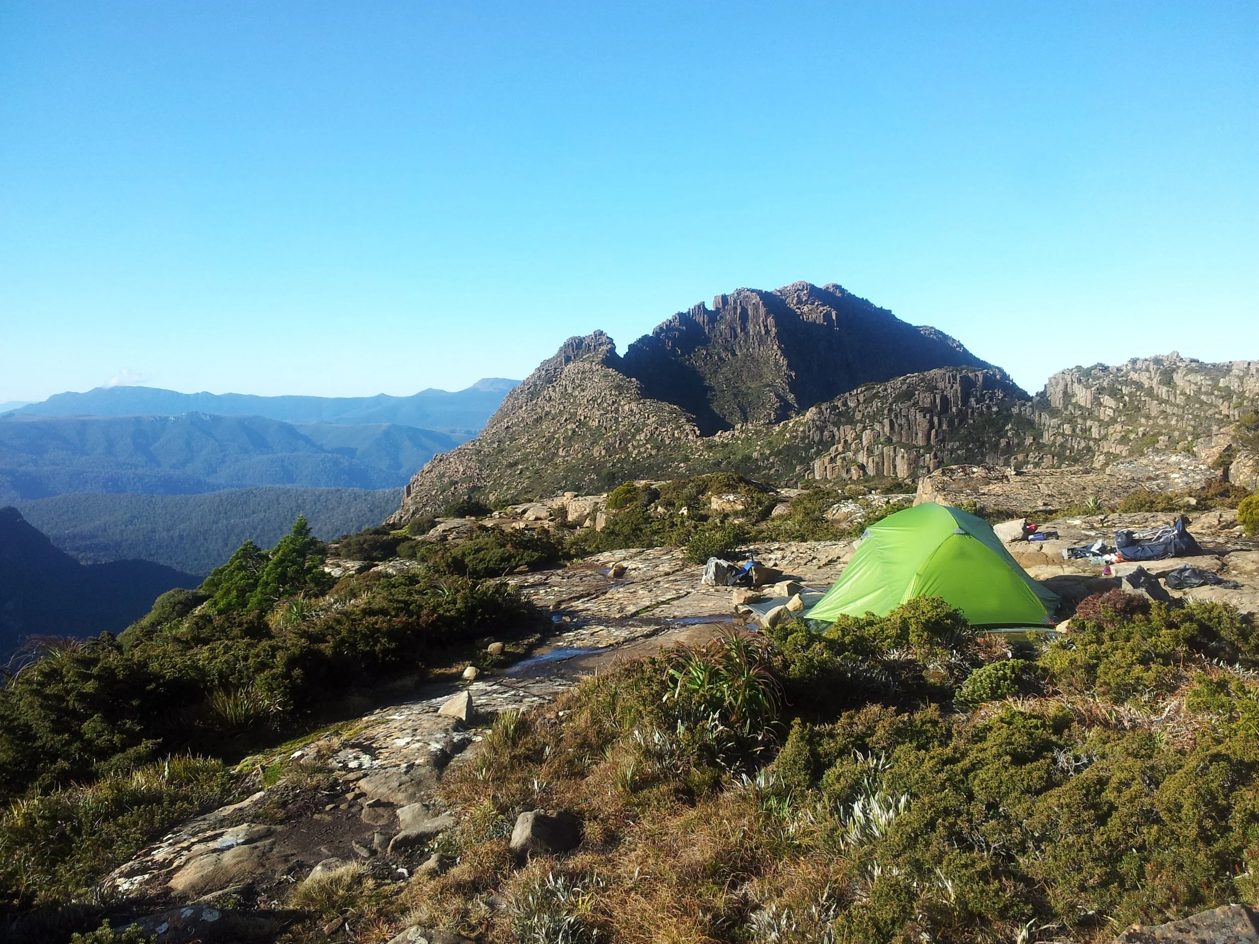 Campsite at Mt Anne, Shelf Camp with Mountains in the background.