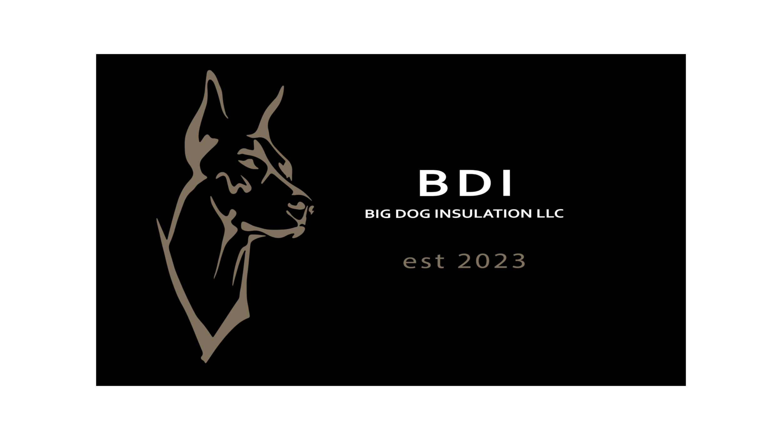 Logo for Big Dog Insulation LLC featuring a stylized illustration of a dog's head in profile, with company name and establishment year 2023.