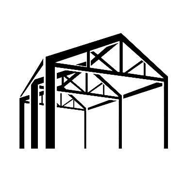 Line drawing of a metal building structure's framework with beams and trusses.