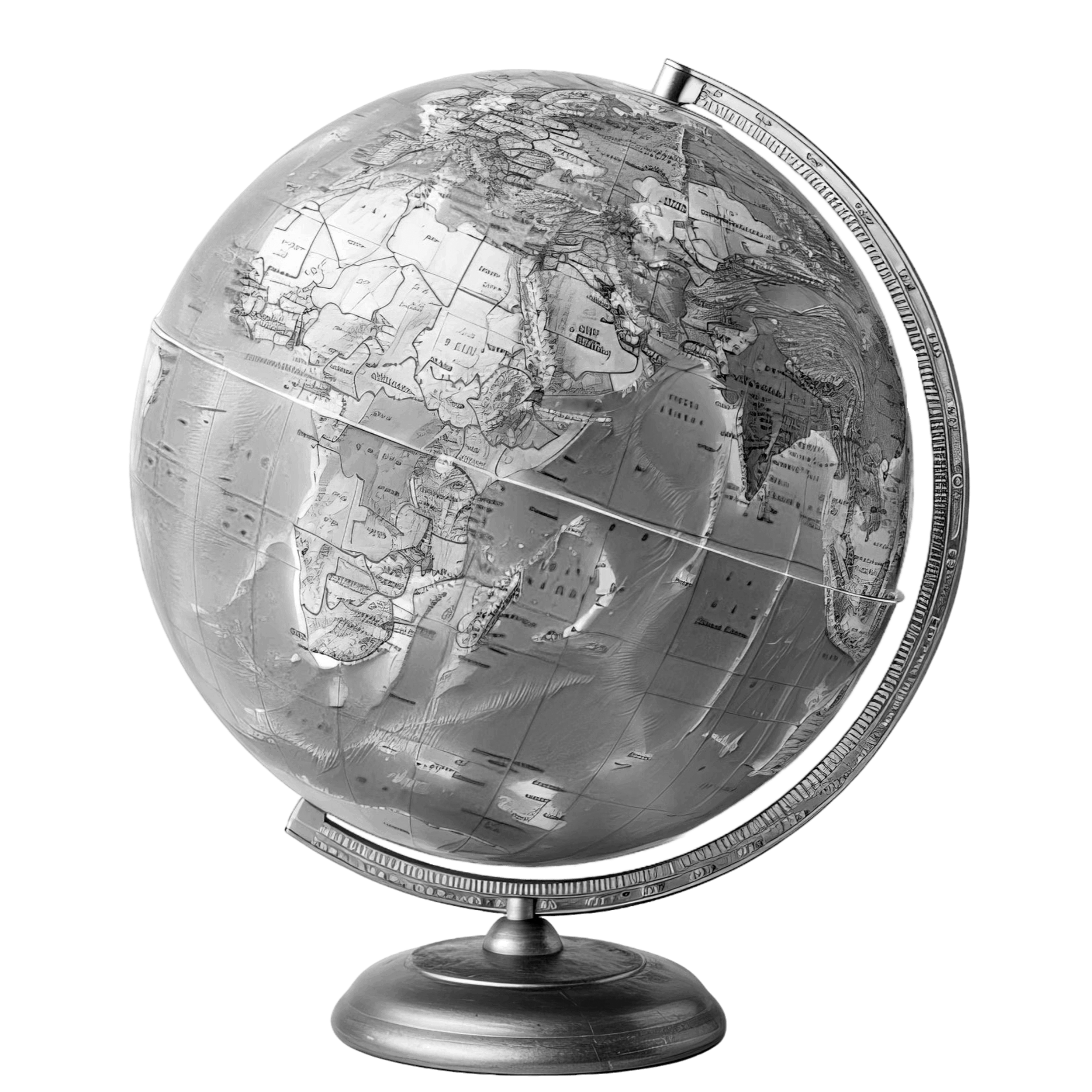 A reflective silver globe with detailed continents and geographic labels, mounted on a stand, against a black background.