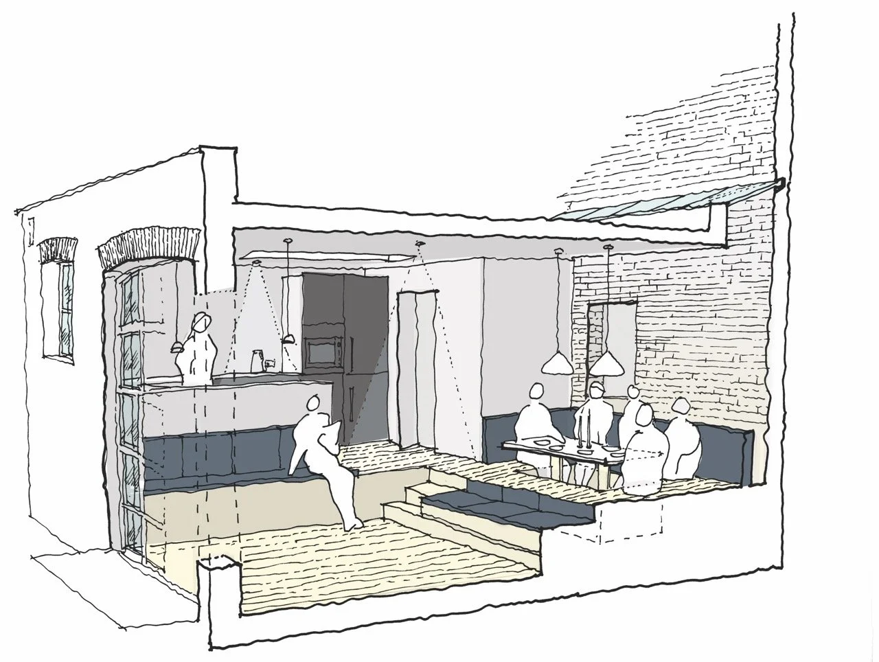 A hand-drawn sketch of an indoor restaurant or café with a seating area, brick wall, and hanging pendant lights. There are four people seated at a table and one person standing nearby, with a person in the kitchen area.
