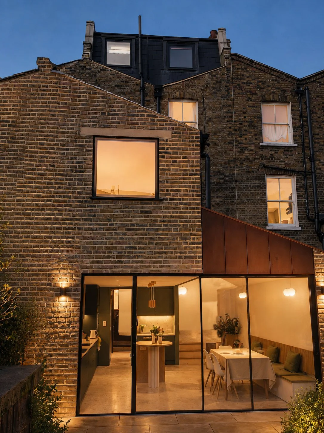 A view from the rear garden of a new architect design house extension to a Victorian house in hackney with rusted corten steel cladding.