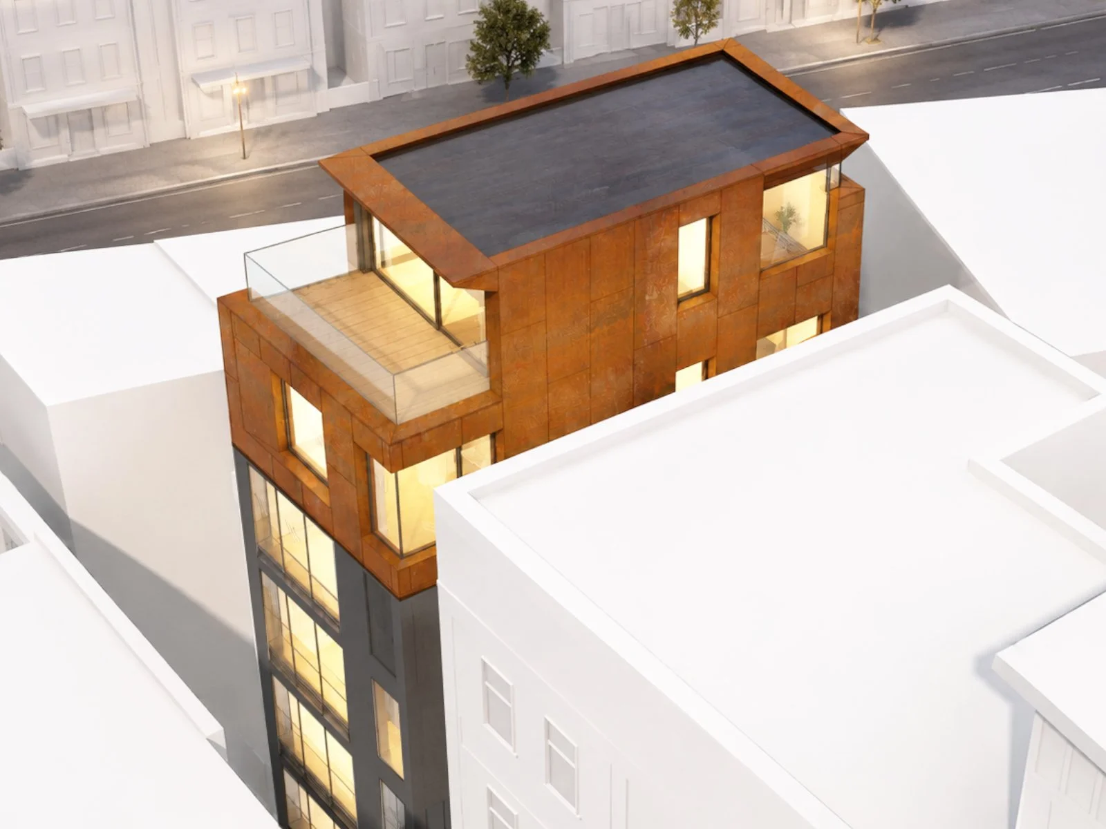 Contemporary Corten steel refurbishment and rooftop extension to an existing residential tower in Wapping.
