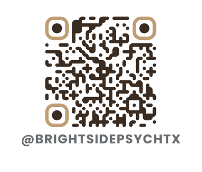 A QR code with the text '@BRIGHTSIDEPSYCHTX' below it.