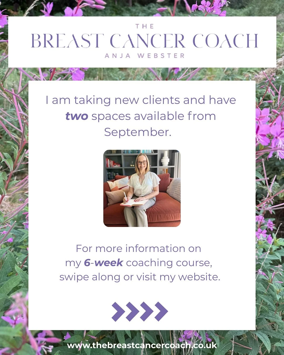 Are you ready to rebuild confidence and create a new chapter beyond breast cancer? 👇

✨ I am opening up two new spaces this September for my 6-week 1:1 coaching course designed to support life beyond breast cancer. 

Over six transformative sessions