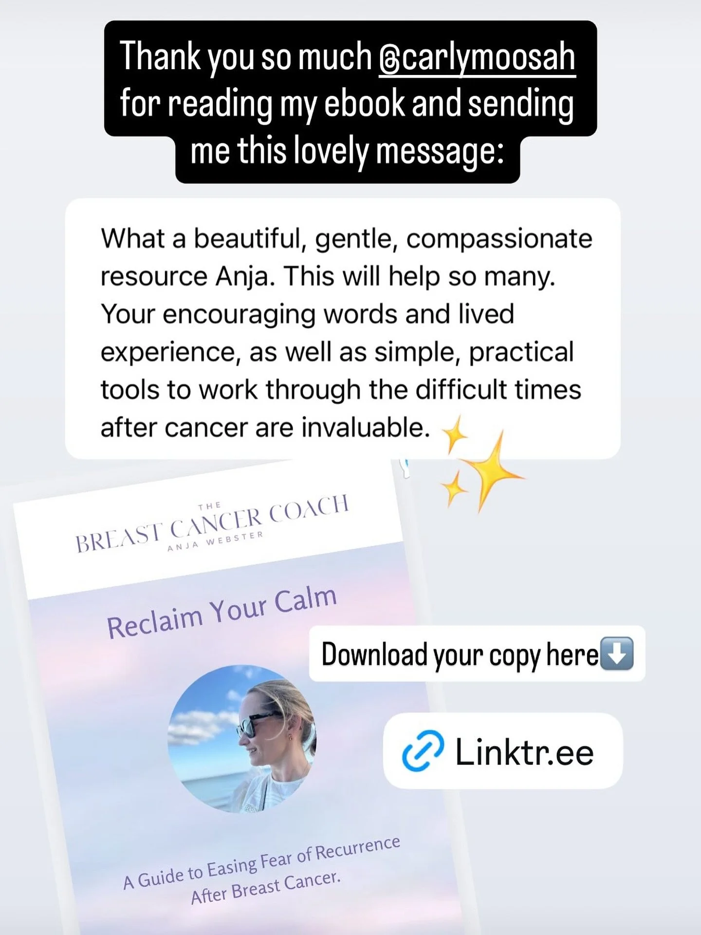 I wrote Reclaim Your Calm to acknowledge the fear and uncertainty that often linger after breast cancer treatment. This eBook is a compassionate companion to help you navigate that space, offering a resilience toolbox filled with gentle mindfulness p