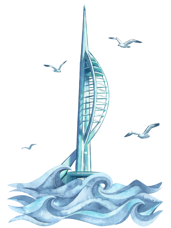 Water depicting waves surrounding the Spinnaker Tower in Portsmouth that resembles a twisted sail, with seagulls flying around it in the sky.