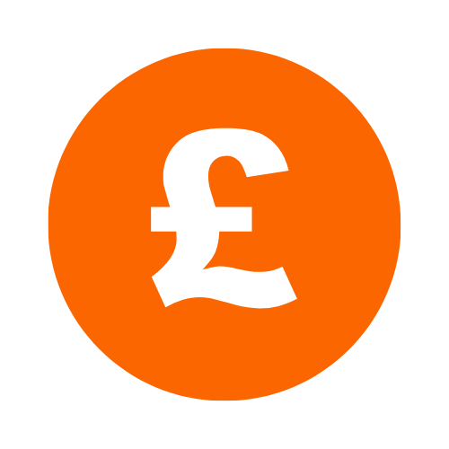 Orange circle with a black British pound symbol (£) inside.