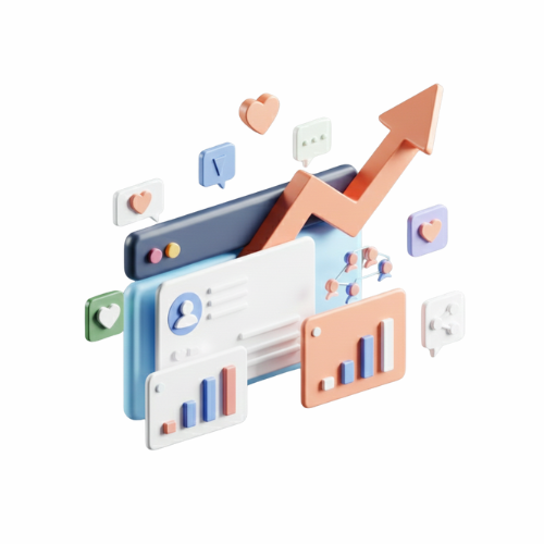 Digital illustration of social media analytics with upward trending arrow, user profile, and engagement icons.