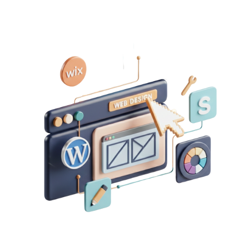 Digital illustration of web design tools and icons, including Wix, WordPress, a website window, a cursor, a wrench, a pencil, and a color palette.