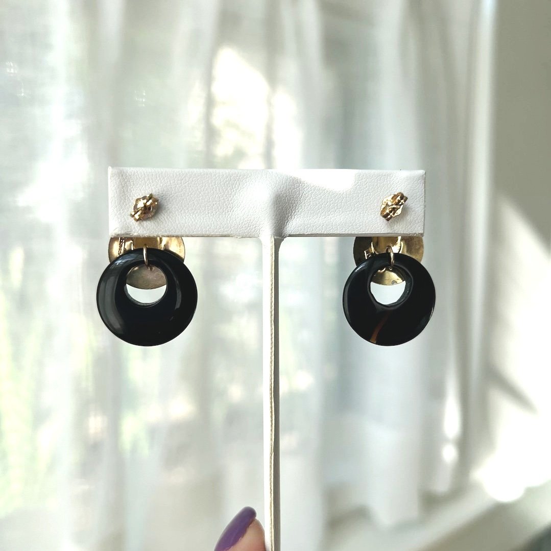 14k gold and onyx dangle earrings midcentury