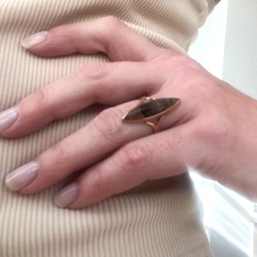 Navette marquis brown marbled agate vintage ring yellow gold