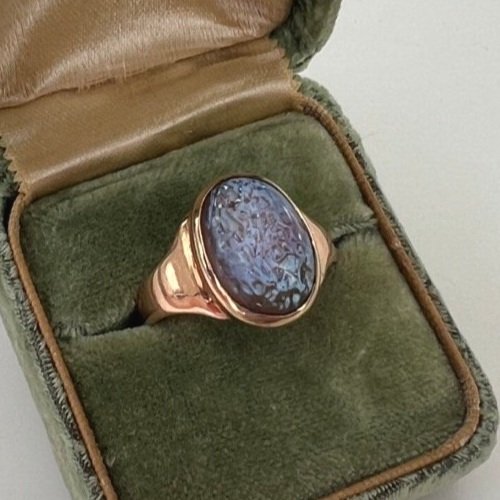 lavender dichroic glass cabachon yellow gold ring