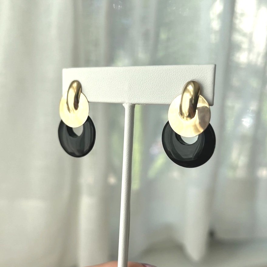 14k gold and onyx dangle earrings midcentury