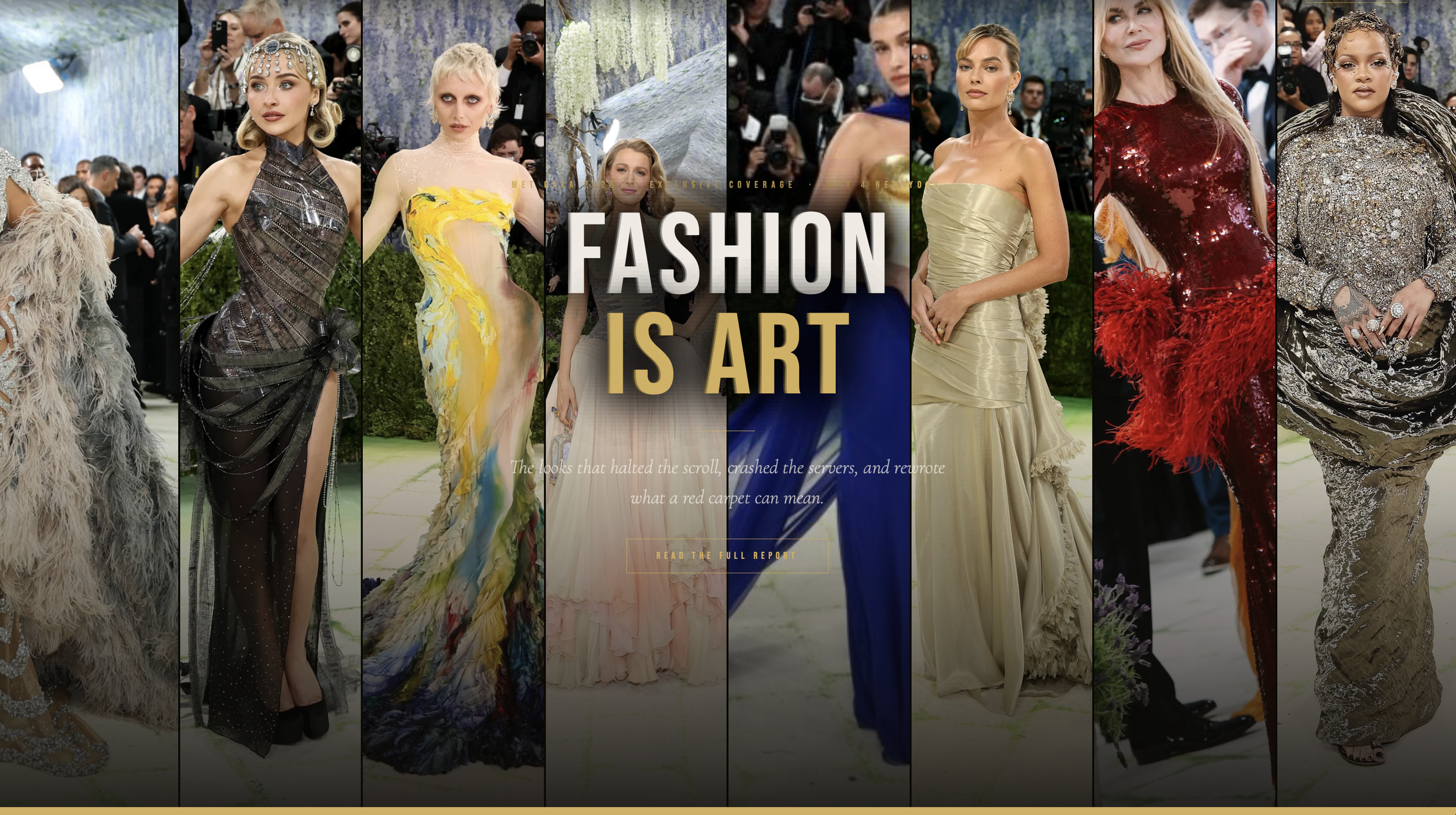 Fashion models walking the runway at a fashion show, wearing elaborate and colorful designer outfits, surrounded by photographers and audience members.