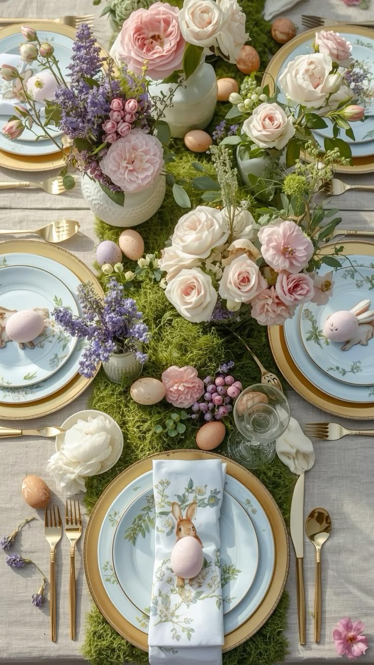 Easter table setting with floral centerpiece, pastel-colored plates, and decorative bunny eggs.