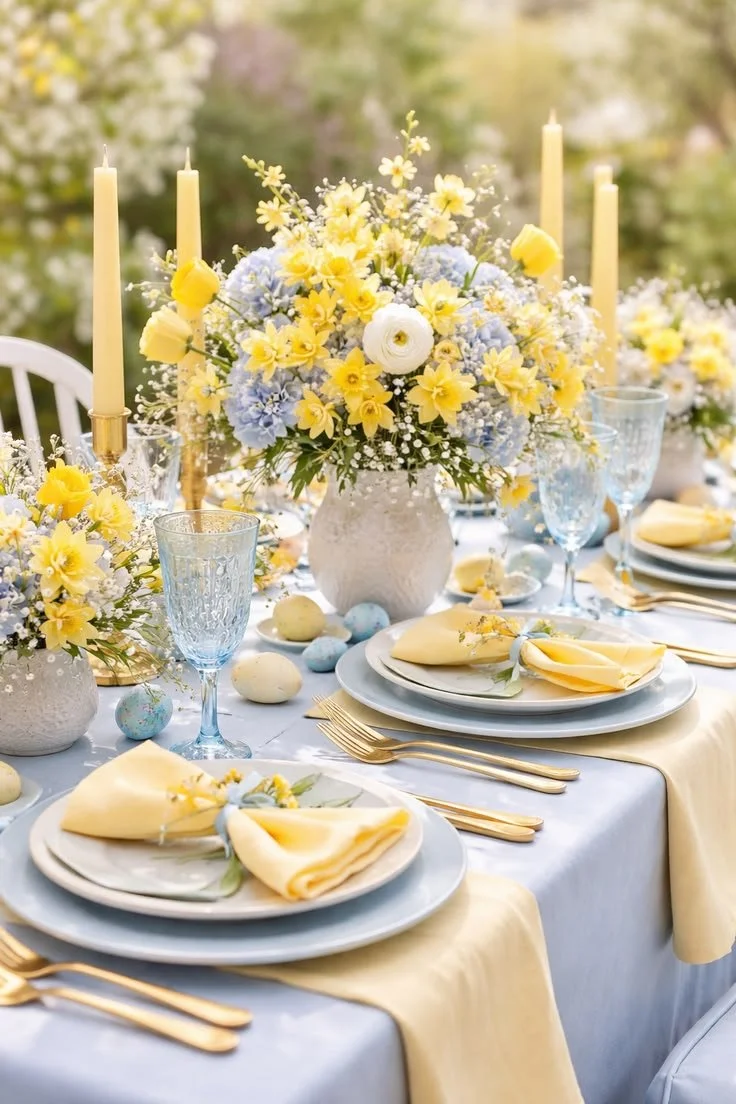 Elegant outdoor dining table decorated with yellow and blue floral arrangements, gold candlesticks, yellow napkins, and pastel-colored eggs, set for a spring celebration.